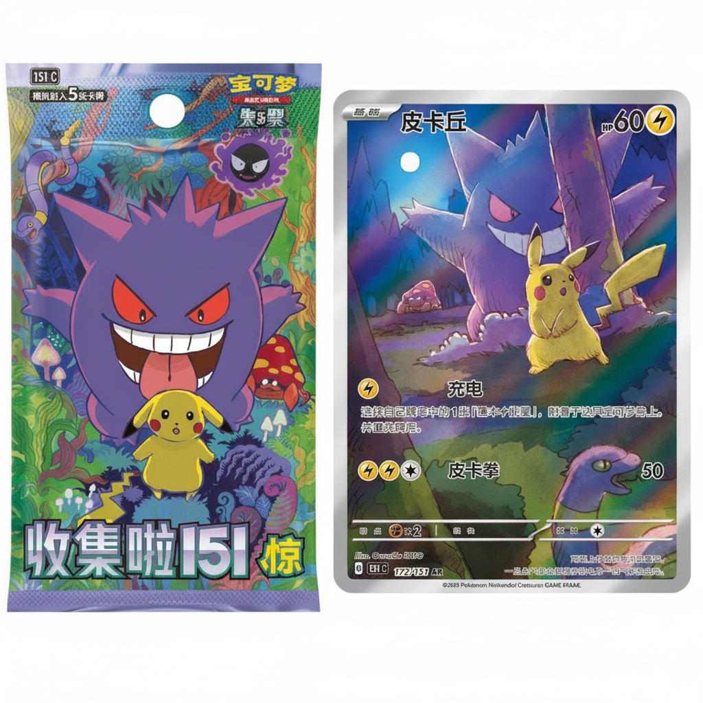 Collect 151 Surprise sobre y carta Pikachu Gengar fondo blanco